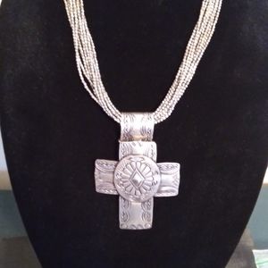 Cross pendant and necklace silver tone